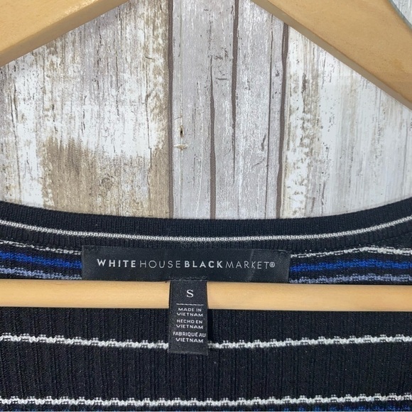 White House Black Market Blue & Black Ribbed Striped Wide Sleeve Blouse - Picture 5 of 5